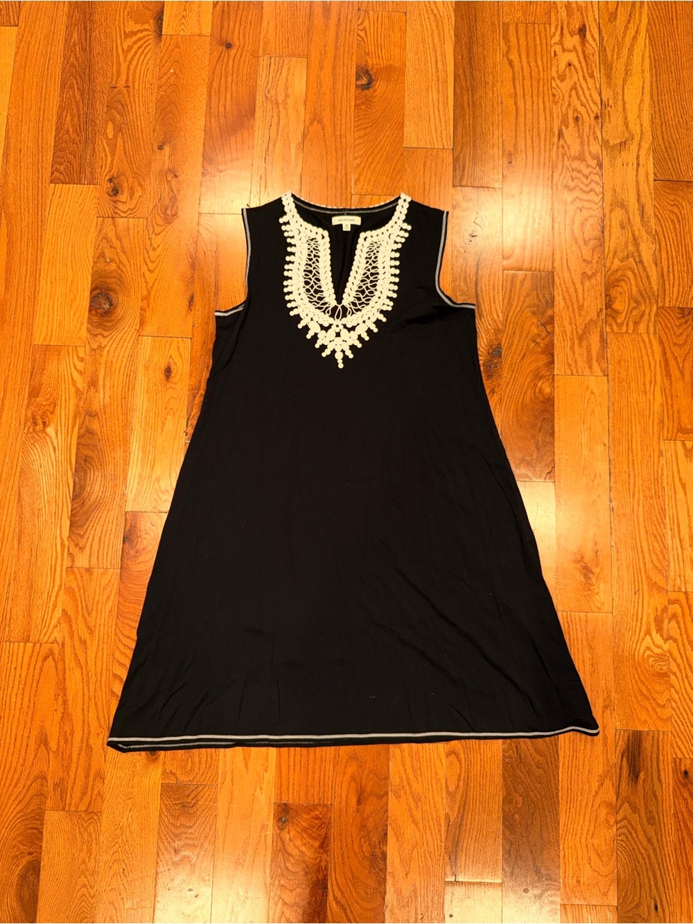 Max Studio Black Sleeveless Midi Dress with Cream Embroidered Neckline